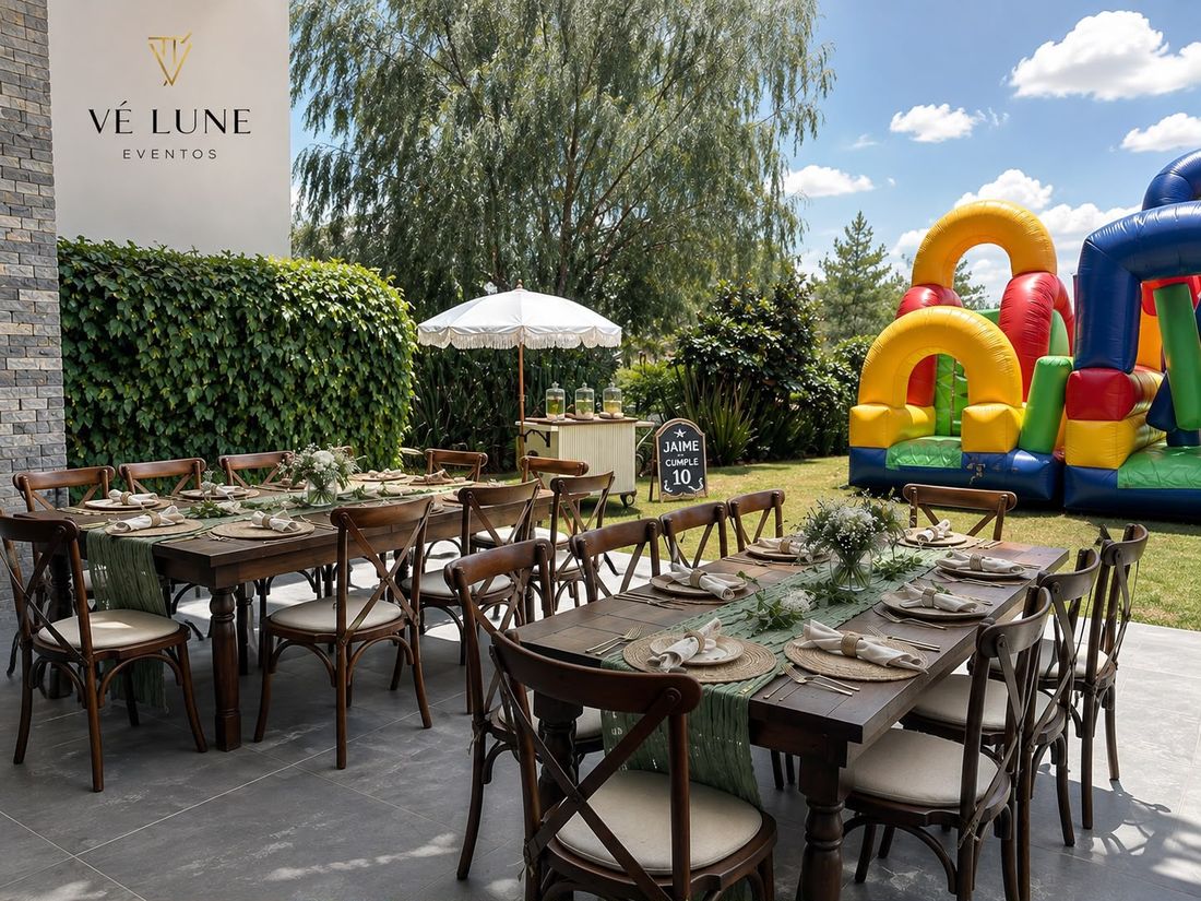 Jardín de Vé Lune con dos mesas montadas, sombrilla y área de juegos